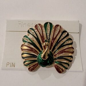 Vintage Finesse Gold Tone Enamel & Chrystal Peacock Brooch Pin - New Old Stock